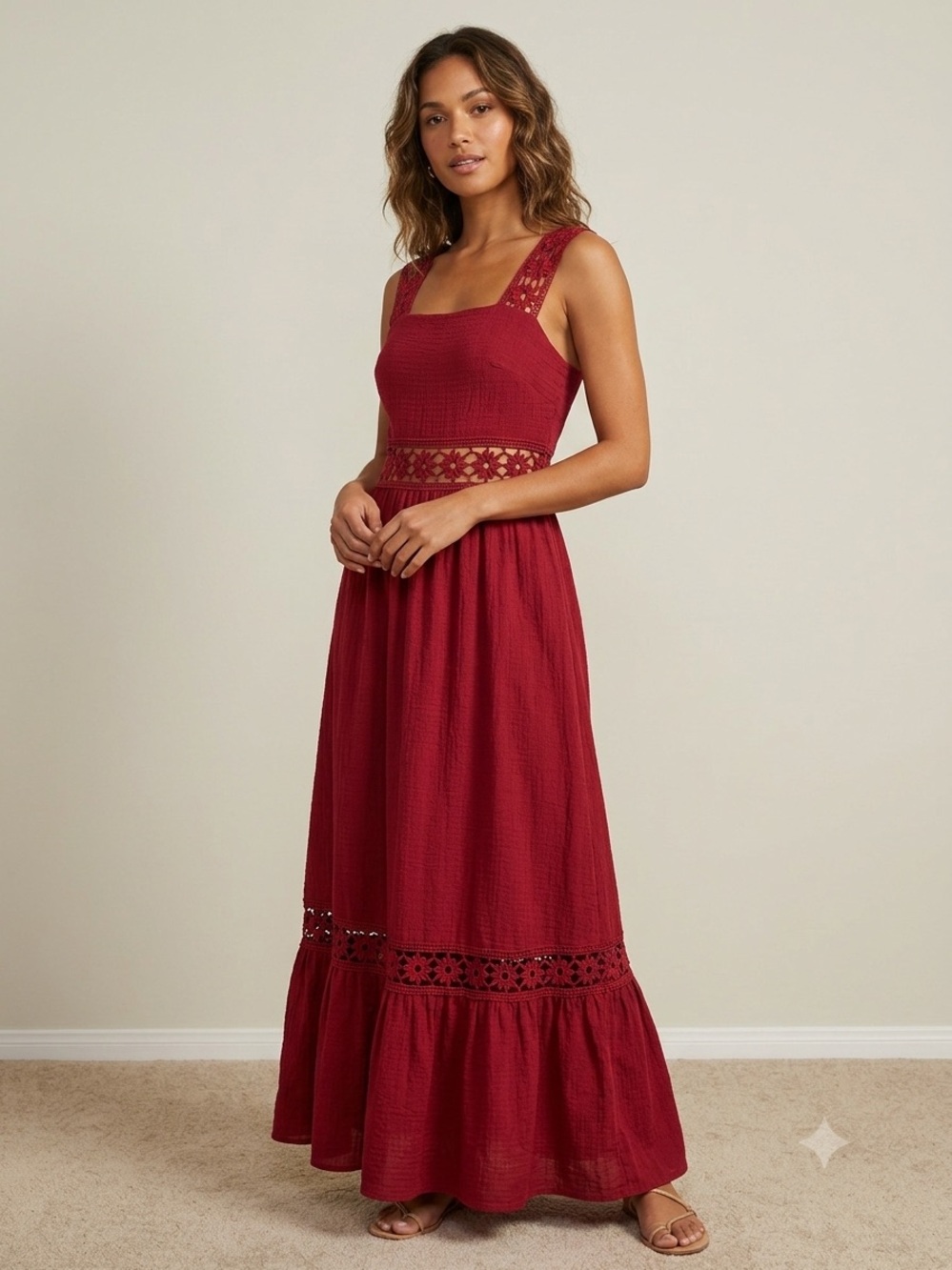 Burgundy Crochet Waist Maxi Dress